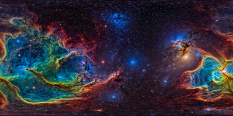 Full 360 degrees seamless spherical panorama HDRI equirectangular projection of a deep space celestial nebula. Texture environment map for lighting and reflection source rendering 3d scenes.