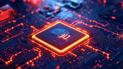 Close-up of a glowing computer chip.
