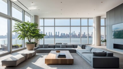 Modern penthouse living room with city views