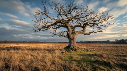 Lone Majestic Tree Standing in a Vast Open Field During Sunset