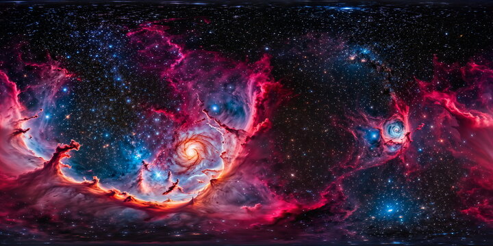 Full 360 degrees seamless spherical panorama HDRI equirectangular projection of a deep space celestial nebula. Texture environment map for lighting and reflection source rendering 3d scenes.