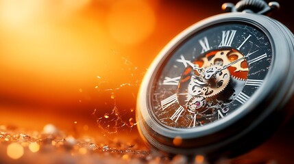 Close-up of an ornate pocket watch showcasing intricate gears against a glowing orange backdrop