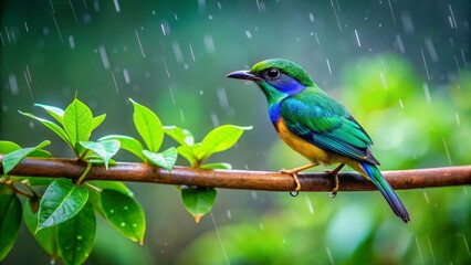 Obraz premium A Vibrant Tropical Bird Perched on a Branch During a Gentle Rain Shower