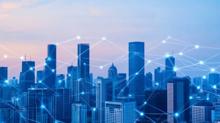 Obraz premium Futuristic city skyline with digital network.