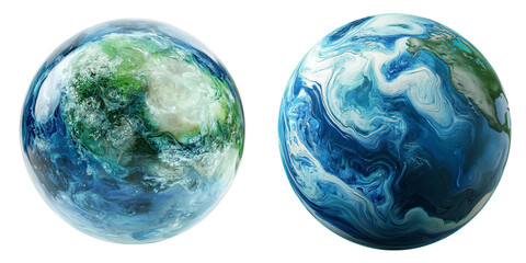 Abstract Earth-Inspired Spheres with Fluid Art Swirls Isolated on Transparent Background


