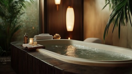 Fototapeta premium Serene spa interior with modern wood and minimalist design high resolution picture