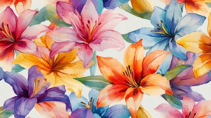 Obraz premium Watercolor painting showcasing a vibrant and seamless pattern of colorful lilies, creating a captivating floral design against a dark blue backdrop