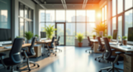 Warm sunlight illuminates a blurred, defocused modern open plan office interior featuring desks, computers and plants, bright and inviting workspace. Out of focus office, business background