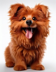 Cute fluffy orange dog with a joyful expression sitting calmly indoors