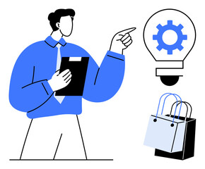 Businessman holding clipboard, pointing at light bulb with gear, shopping bags beside. Ideal for business strategy, innovation, commerce, decision making, retail industry, entrepreneurship