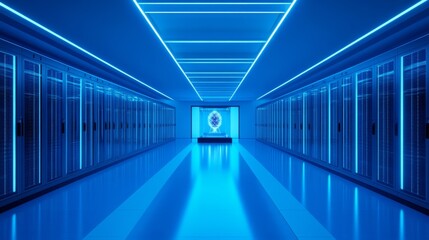 Futuristic data center with blue lighting.
