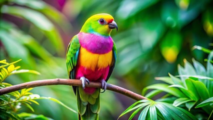 Obraz premium Vibrant Plumage A Rainbow Parrot Perched on a Branch Amidst Lush Green Foliage