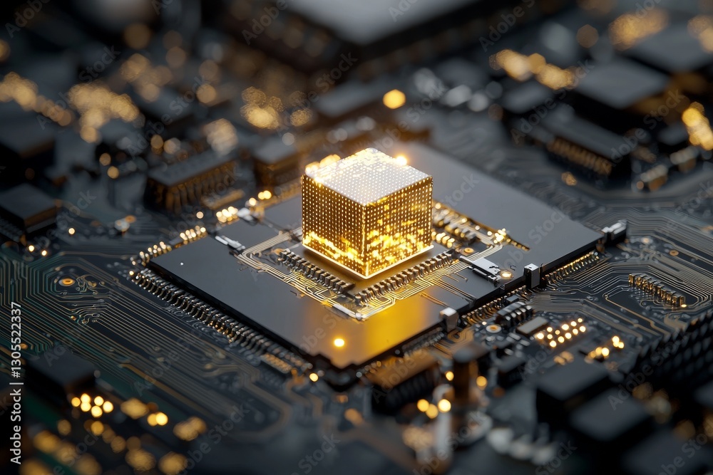 Poster data storage cube positioned between neon pathways represents the integration of quantum computing, 