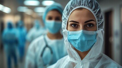 Focused Doctor, PPE, Hospital Corridor