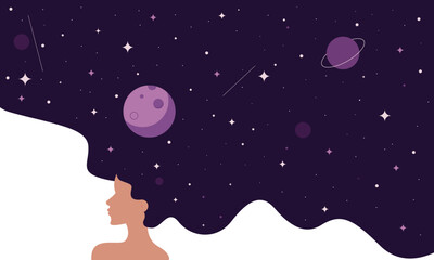 Naklejka premium Girl illustration with galaxy on her hair