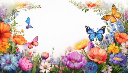 Fototapeta premium beautiful border frame of hand drawn colorful flowers and colorful butterflies background, graphic resource