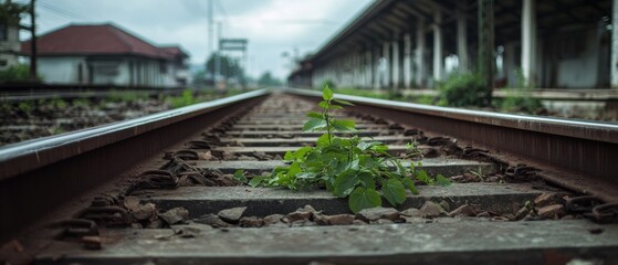 Vibrant green foliage grows resiliently between railroad tracks in an empty station, symbolizing nature’s persistence amidst industrial decay.