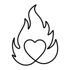 Flaming heart vector illustration. Love and passion fire symbol in doodle style. Black outline isolated on white background.