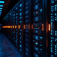 Naklejka premium Futuristic data center with glowing servers.