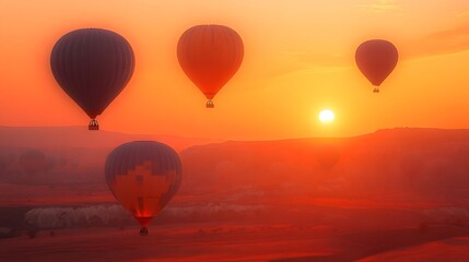 Fototapeta premium Serene Sunset Hot Air Balloons Soar Over Picturesque Landscape in Vibrant Colors