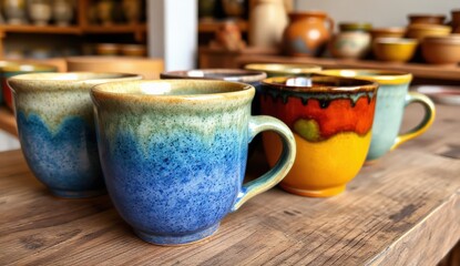 Colorful Handcrafted Ceramic Mugs on Display in Artisan Shop