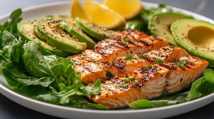 Low carb plate featuring grilled salmon avocado slices and leafy greens demonstrating a healthy ketogenic meal under bright photography lighting