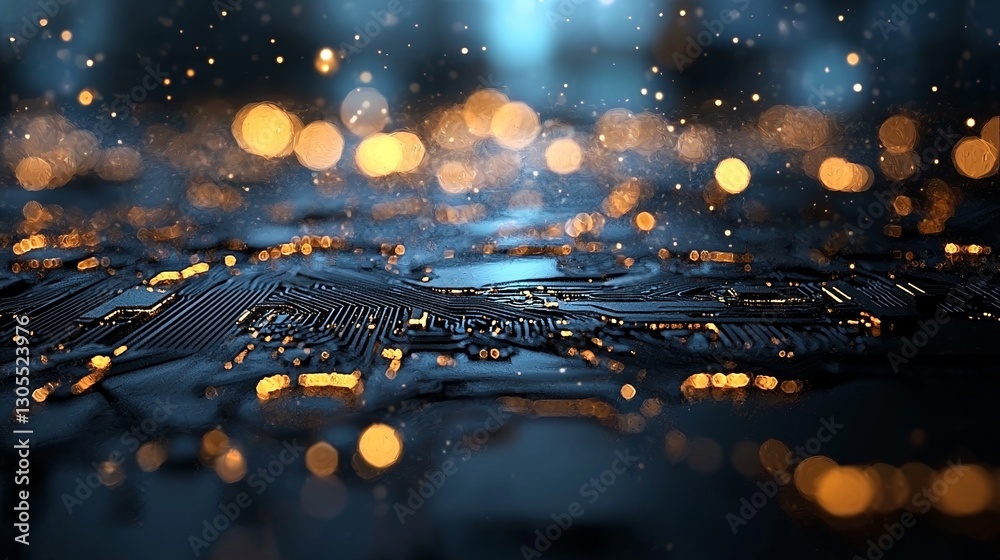 Poster illuminated fiber optic connections and a quantum computing network system form an abstract tech bac