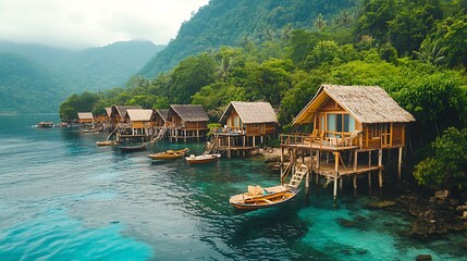 Tropical overwater bungalows, island lagoon