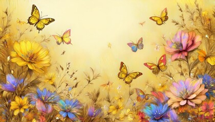 beautiful border frame of hand drawn colorful flowers and colorful butterflies background, graphic resource