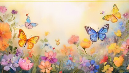 Fototapeta premium beautiful border frame of hand drawn colorful flowers and colorful butterflies background, graphic resource