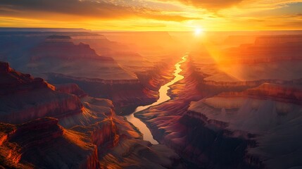 Majestic Sunset Over Expansive Canyon Landscape with Winding River