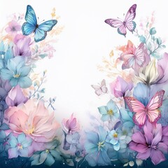 Obraz premium beautiful border frame of hand drawn colorful flowers and colorful butterflies background, graphic resource