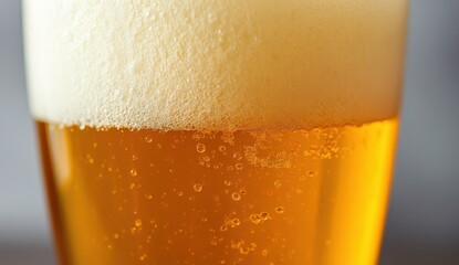 Refreshing Close-Up of Golden Beer with Foam and Bubbles in a Glass