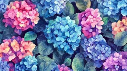 Watercolor painting showcasing vibrant hydrangeas in full bloom, creating a captivating floral background