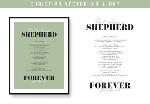 Psalm 23 Lord is my shepherd. Christian scripture motivation poster and inspirational wall art. Bible verse. Christian quote for inspiration. Vector illustration