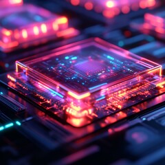 Obraz premium Futuristic glowing microchip close-up.