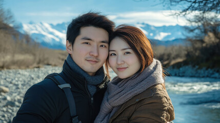Fototapeta premium A romantic outdoor portrait of a couple, surrounded by a serene landscape of mountains and flowing water, evoking warmth and connection.