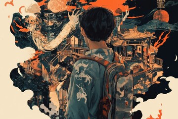 Fototapeta premium A person with a backpack gazing at a fantastical city landscape