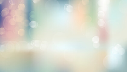 Bokeh lights on pastel blurred background. Abstract defocused style backdrop. Blurred room inside building in bright colors.