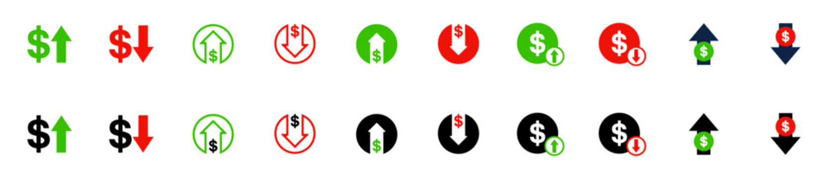 Dollar arrow. Rate growth, increase, decrease arrows filled icons set. Up arrows, down arrows. Vector
