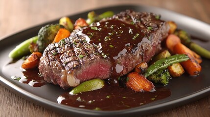 Main course featuring seared steak alongside roasted vegetables and a glossy reduction sauce artfully plated for a refined dining experience
