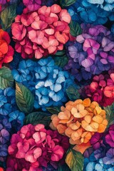 Watercolor painting showcasing vibrant hydrangeas in full bloom, creating a captivating floral background