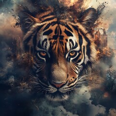 Naklejka premium Tiger with two adorable cubs in lush natural setting high resolution picture