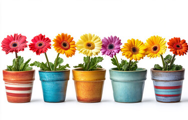 colorful gerbera daisies in colorful pots isolated on white background,