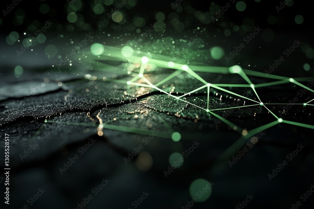 Poster the concept of atomic science and quantum computing is illustrated through an image of glowing green
