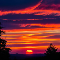 Obraz premium The sky is painted in a breathtakingly vivid sunset that stretches warm orange, pink, and purple across the horizon. Generative by AI