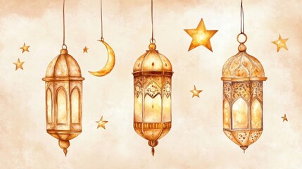 Obraz premium Watercolor festive arabic lanterns hanging, adorned with crescent moons and stars, create a vibrant scene for ramadan or eid al-fitr celebrations