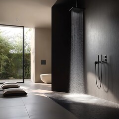 Trendy black marble bathroom with dual shower modern sink design high resolution picture