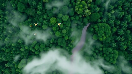Aerial view of misty forest with river winding through. Possible use Nature background, environmental conservation, travel brochure
