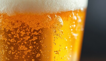 Close-Up of Refreshing Golden Beer with Bubbles and Foam in Glass